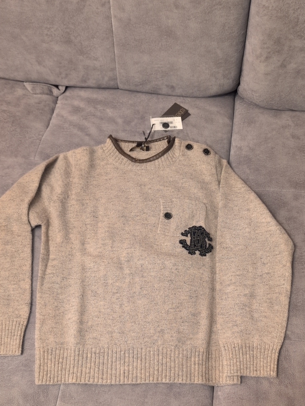 Boys Crewneck Beige Knit Sweater with Button Shoulder